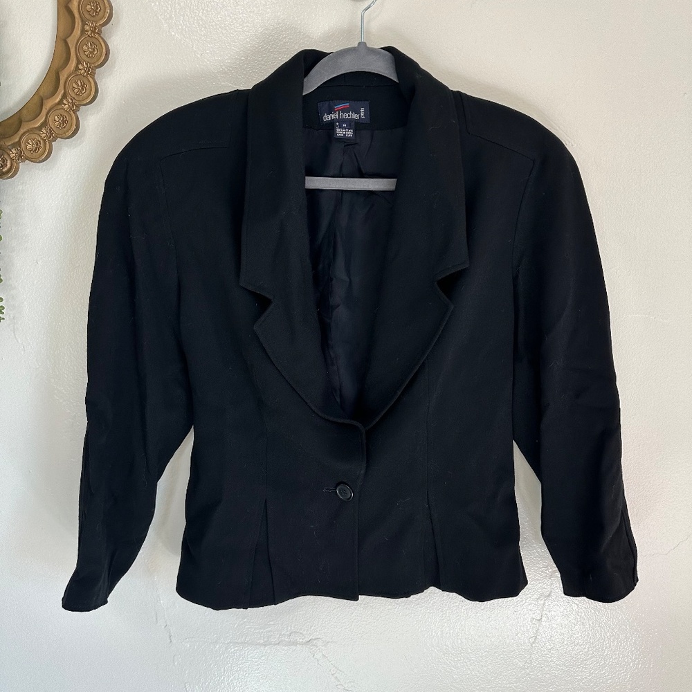 Vintage Daniel Hechter Cinched Waist Wool Black Blazer, 80s Jacket, Size 8